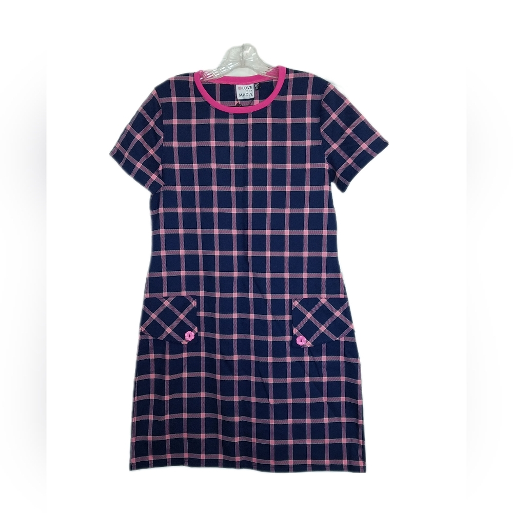 Love Her Madly "Dottie" Pink and Blue Plaid Shift Dress with Button Details